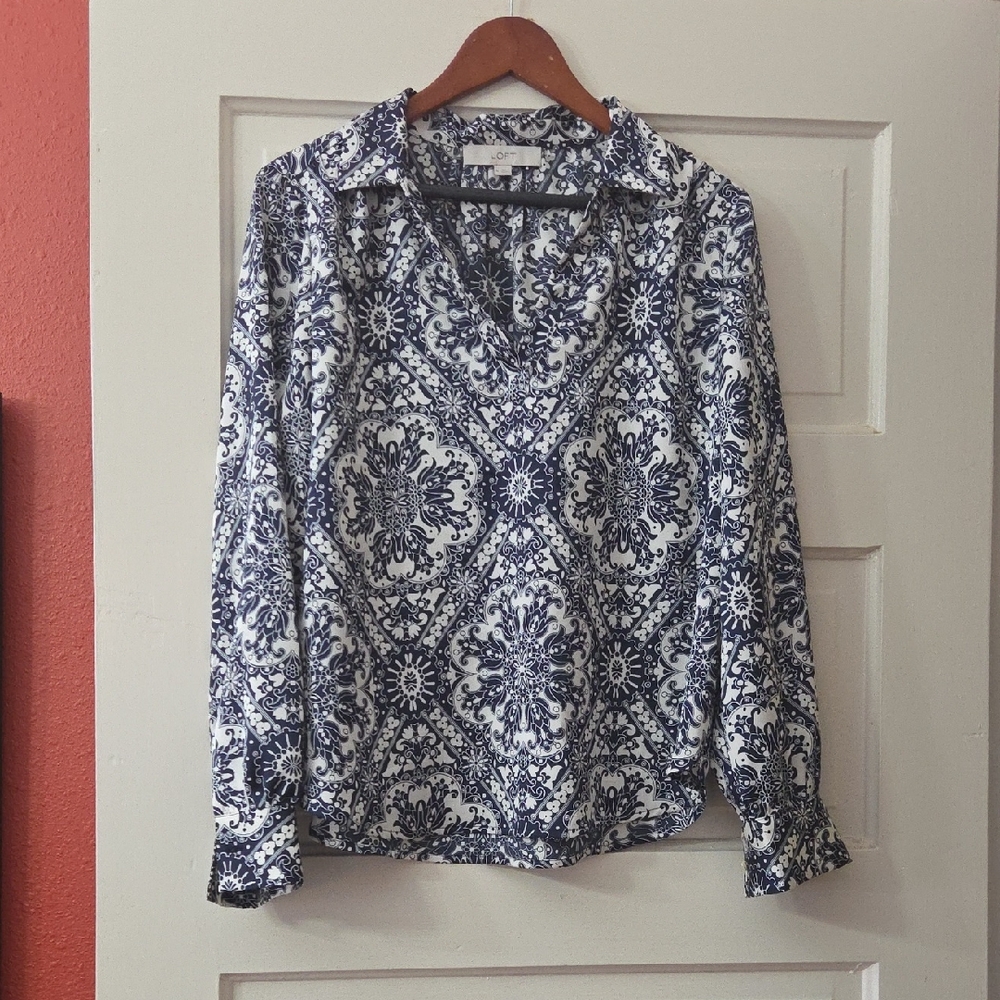 LOFT Blue and White Patterned Blouse